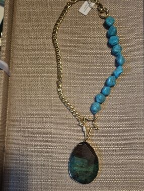 Gold Chain Necklace with Turquoise Beads and Green Stone Pendant